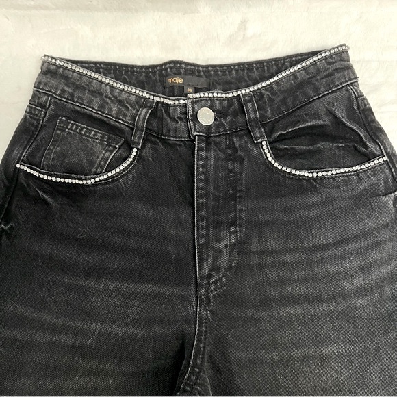 NWT Maje “Diamond” Black Wide Leg Jeans w Rhinestone Trim—missing rhinestones - Picture 10 of 16